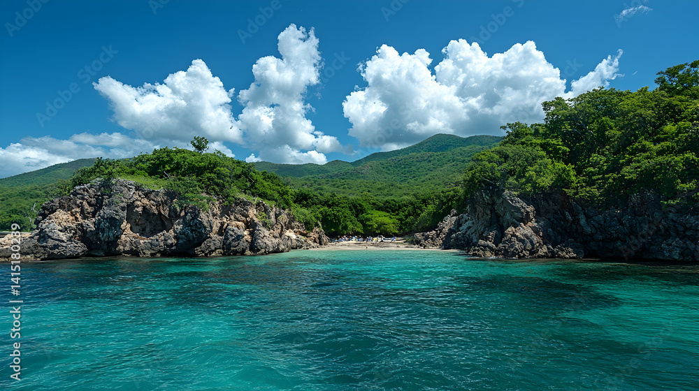 Fototapeta premium Turquoise sea meets rocky shores and lush green hills under a bright blue sky dotted with fluffy white clouds on a summ