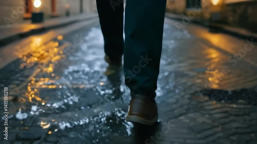 Man walking on wet cobblestone street at night