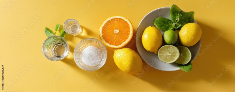 Fresh Citrus Ingredients for Summer Drink Preparation on Yellow Background