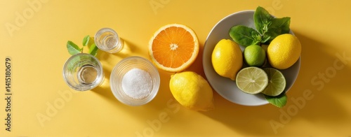 Obraz na płótnie Fresh Citrus Ingredients for Summer Drink Preparation on Yellow Background w salonie