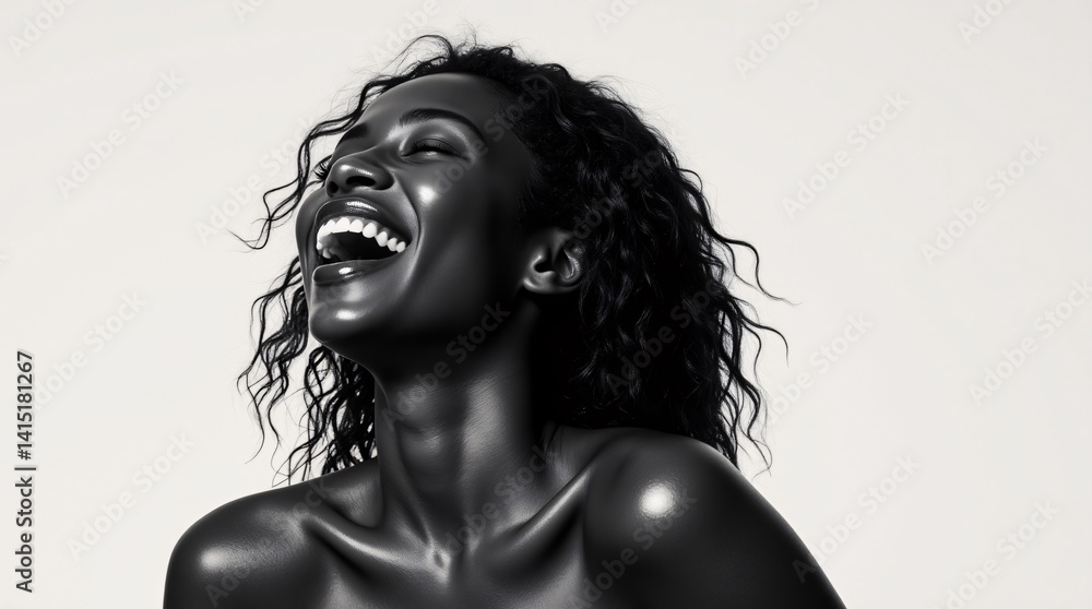 Fototapeta premium Radiant laughter, a moment of pure joy captured in monochrome. Her expressive eyes and bright smile illuminate the frame, a testament to happiness and beauty.