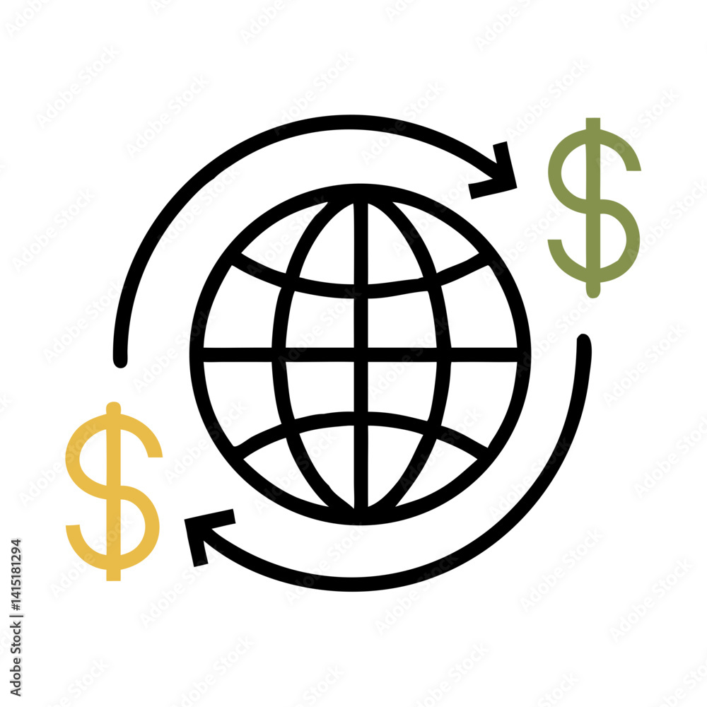 Globe with Dollar Symbol and Arrows Icon – Vector Symbol for Global Finance, Economy, and Trade Globe with Dollar Symbol and Arrows Icon – Vector Symbol for Global Finance, Economy, and Trade