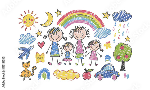  Colorful modern  vector illustration in a childlike crayon drawing style,, easily editable.