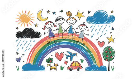  Colorful modern  vector illustration in a childlike crayon drawing style,, easily editable.