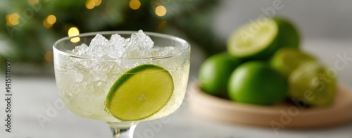 Refreshing Margarita Glass with Ice and Lime Garnish on Table