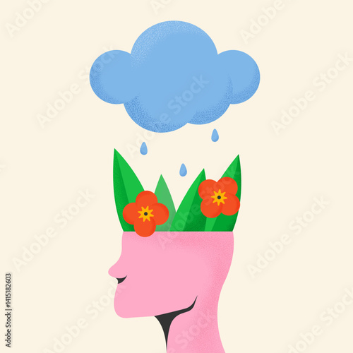Be kind to your mind.Mental health poster. Psychology concept.Abstract head with flowers growing from it.Mental health problems,good thoughts,take care of your mind.Vector