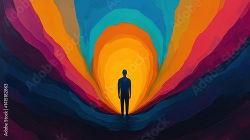 A silhouette stands alone in vibrant, colorful layers, symbolizing exploration and self-discovery amidst an abstract background.