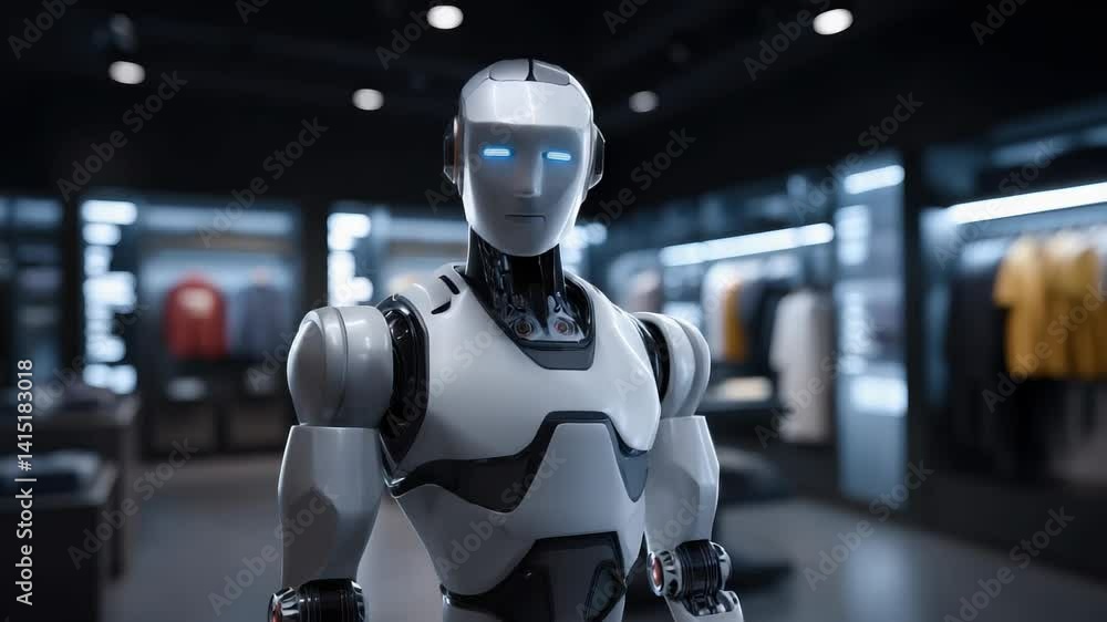 Futuristic Robot Displayed in Modern Clothing Store Showroom with Innovative Technology Environment Futuristic Robot Displayed in Modern Clothing Store Showroom with Innovative Technology Environment