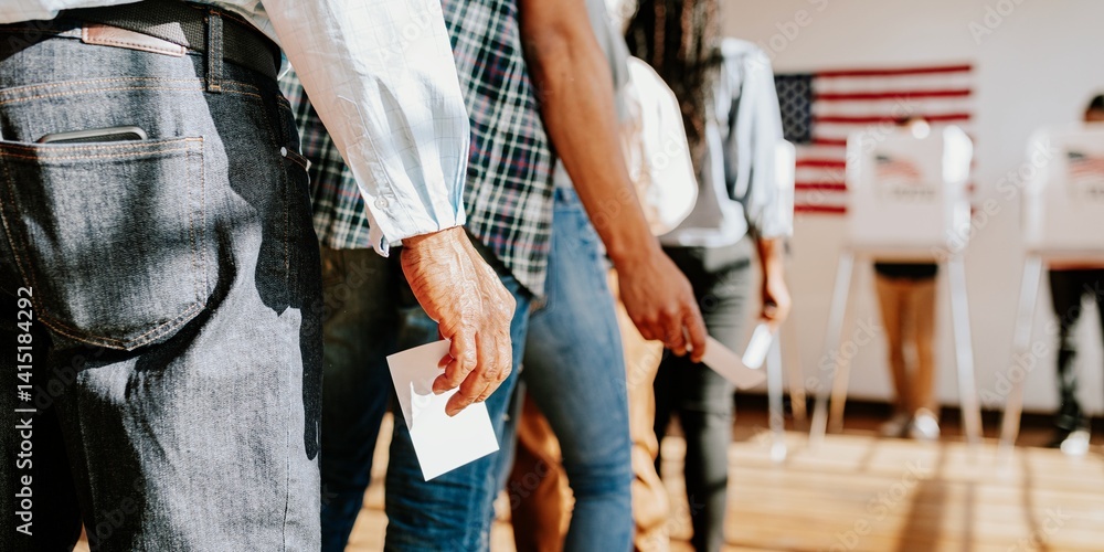 Diverse people in line voting in election, holding ballots. Voting in election, diverse group of people casting ballots. Diverse people voting, US election, close up photo of hand holding ballots