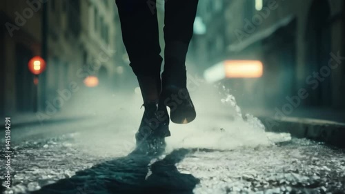 Person walking through puddles in city at night