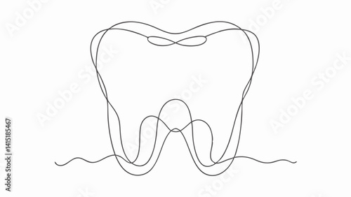 Continuous line drawing of a stylized tooth with smooth curves and elegant root detailing—ideal for dental branding, orthodontic care icons, oral health promotion graphics, and minimalist SVG designs