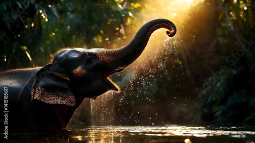 Silhouette of an elephant bathing in a jungle stream.