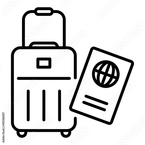 Luggage and passport line vector icon, representing travel essentials and international mobility. Symbolizes vacation, tourism, trip preparation, and global exploration