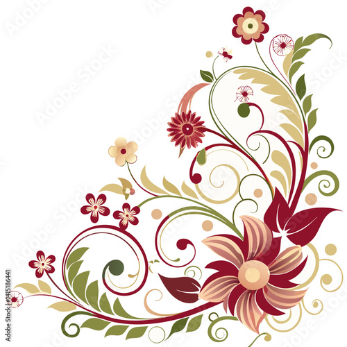 Elegant Corner Floral Swirl Design with Maroon, Peach, and Olive Green Accents