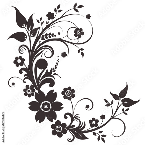  Elegant Floral Corner Design with Intricate Swirls and Multiple Blossom Sizes