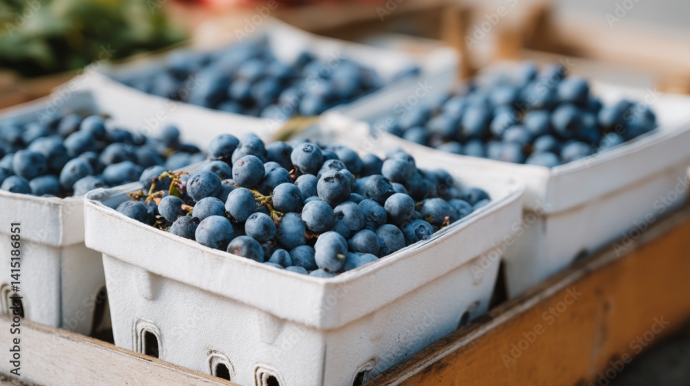 Fresh Blueberries in White Boxes at Farmers Market Close Up Displaying Vibrant Colors and Freshness