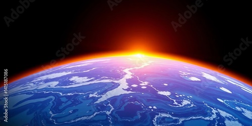 Sunrise paints Earth's horizon with golden light, a vibrant blue marble against black, globe, cosmos