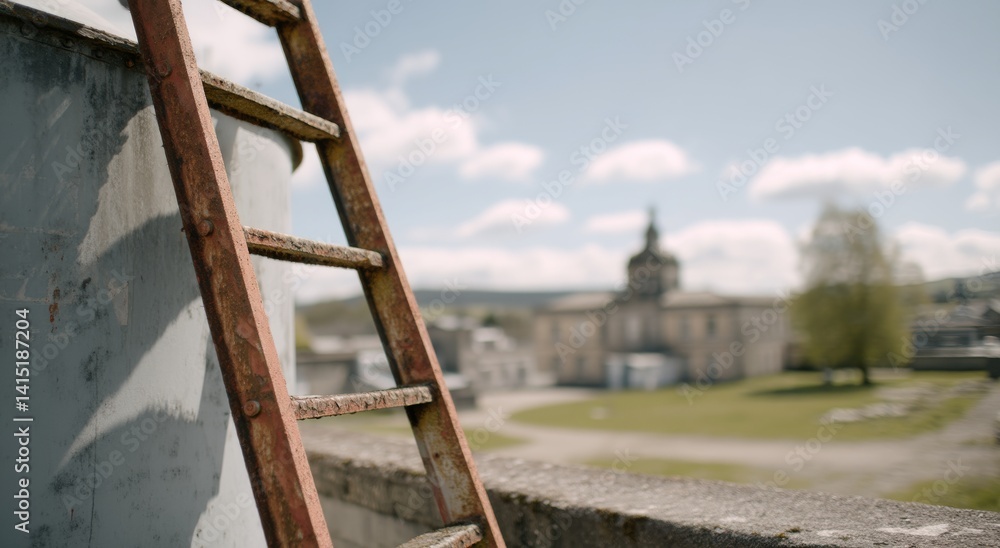 Industrial Metal Ladder Leading to Large Tank in Outdoor Setting with Scenic Background