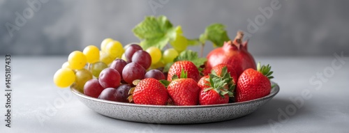 Obraz na płótnie Fresh Fruit Platter Featuring Juicy Grapes, Strawberries, and Pomegranate in Natural Setting w salonie