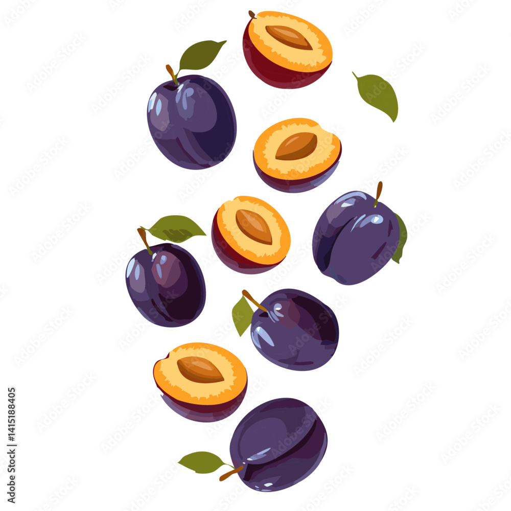set of plums falling vector fruit design
