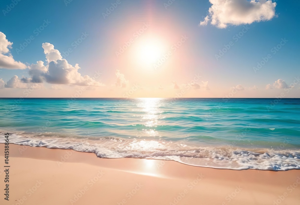 Obraz premium Sun-drenched beach, turquoise water, soft sand, vibrant sky, dune, sun