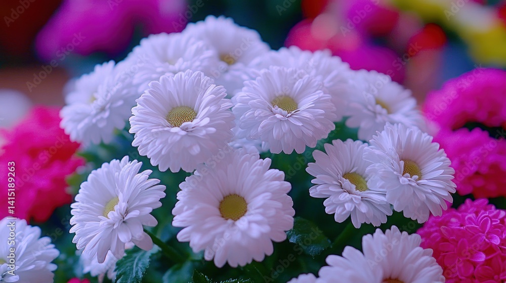 Close-up of a cluster of white daisies, surrounded by colorful flowers Close-up of a cluster of white daisies, surrounded by colorful flowers