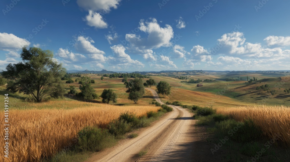Sunny rural road winding through golden fields. Sunny rural road winding through golden fields.