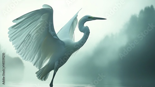 Egret in classic hunting pose, framed by soft morning mist