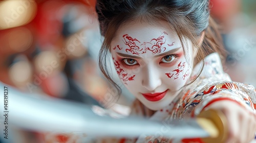Traditional asian woman beautiful face with red makeup