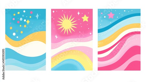 Set of three abstract vintage-style backgrounds featuring sun rays, stars, boohoo rainbow, waves, dots, and spiral lines in colorful pop art aesthetic