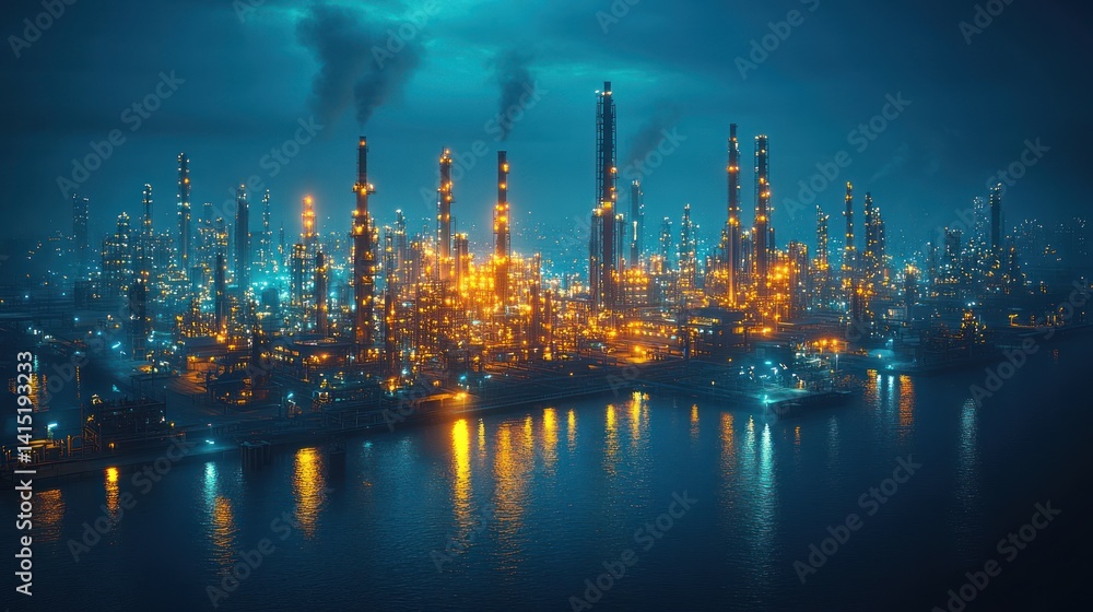 Night aerial view of illuminated refinery complex by water. Night aerial view of illuminated refinery complex by water.