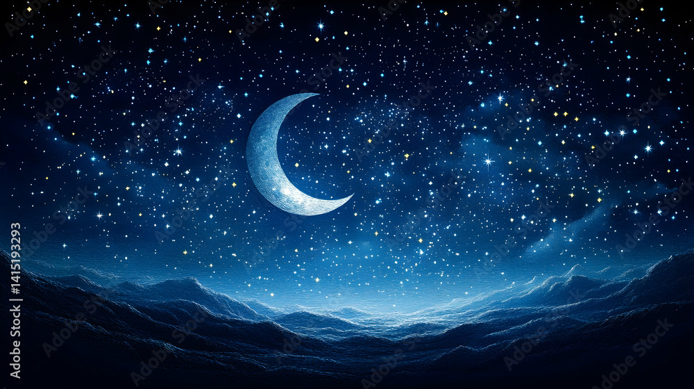 Fototapeta premium Crescent moon illuminates a starry night sky above a rolling landscape bathed in a cool blue hue