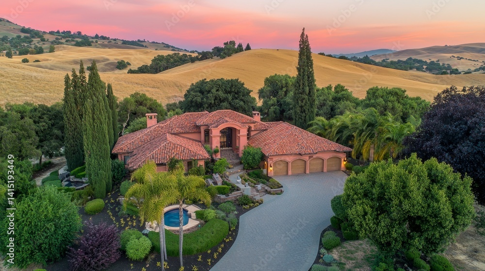 Fototapeta premium Scenic Aerial View of Luxurious Villa Surrounded by Nature at Sunset