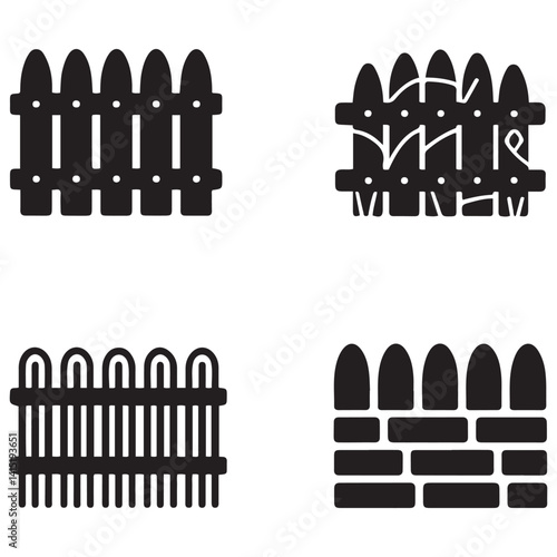Fence icons set isolated on white background. Garden fence icons set. Outline set of garden fence Vector Black silhouettes icons
