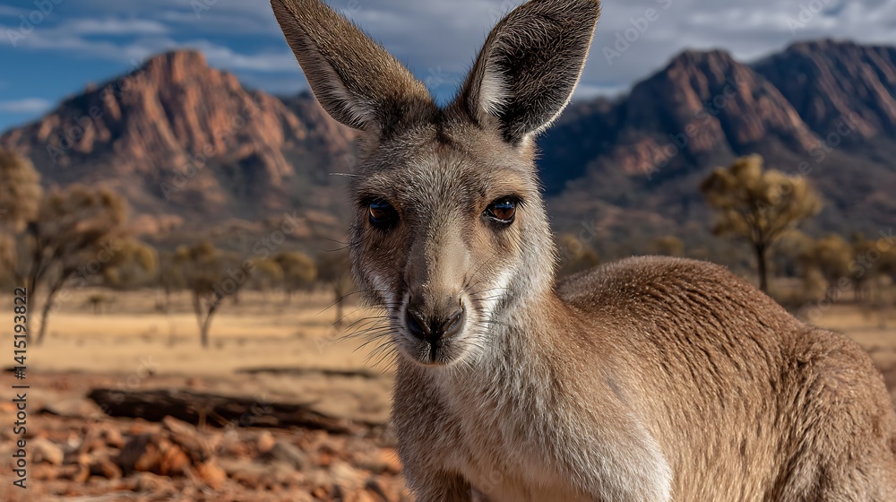 Obraz premium A kangaroo looks directly at the camera. Mountains, trees fill the background