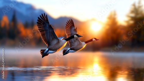 Fototapeta Naklejka Na Ścianę i Meble -  Two canada geese soaring during sunset scenic flight