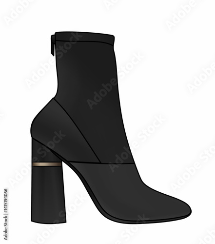 A black boot with a gold trim. The boot is tall and has a pointed toe