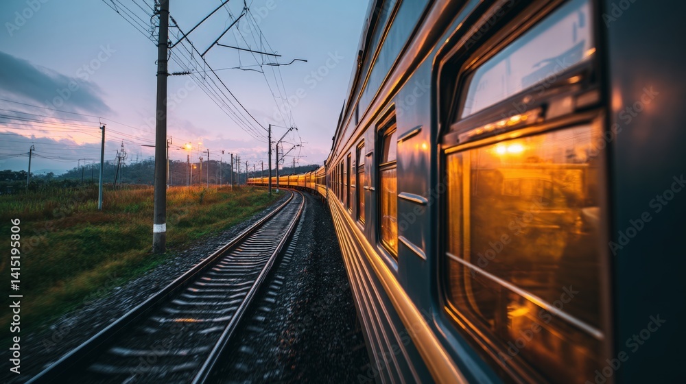 Fototapeta premium Dynamic train journey at dusk, reflecting travel and adventure, symbolizing speed and connectivity. Ideal for transportation, tourism, and travel blogs.