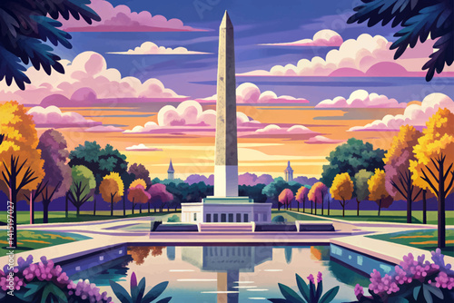 Obelisk Washington monument at sunset time with beautiful green park and amazing sky