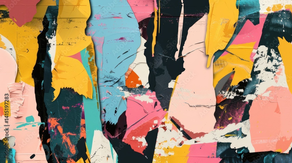 Fototapeta premium Vibrant abstract composition with colorful geometric shapes, dots, lines and stripes with textured paint brushstrokes background