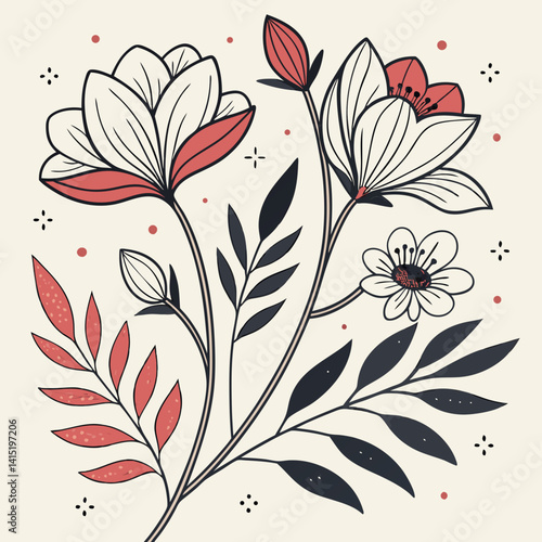 Botanical doodle background art vector set. Flower and leaves abstract shape doodle art design for print, wallpaper, clipart, wall art for home decoration 