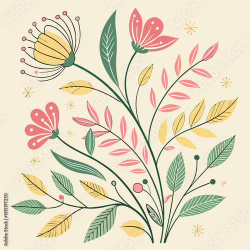 Botanical doodle background art vector set. Flower and leaves abstract shape doodle art design for print, wallpaper, clipart, wall art for home decoration 