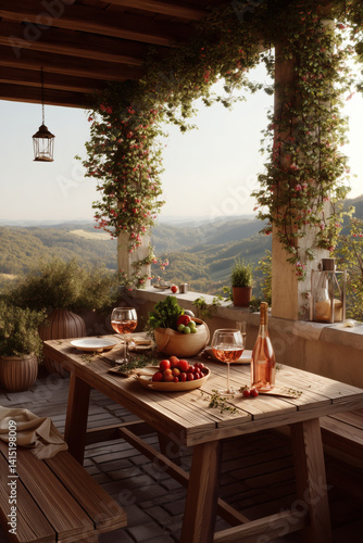 Elegant outdoor dining with wine and fruit, scenic view, and ivy-covered pergola. Serene dining experience