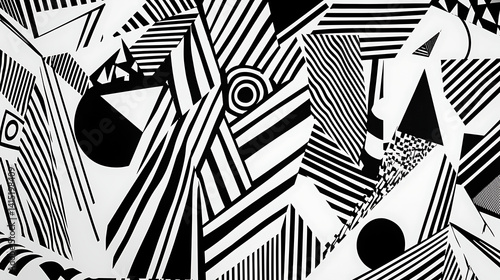 Fototapeta Naklejka Na Ścianę i Meble -  A black and white abstract painting with many shapes and lines