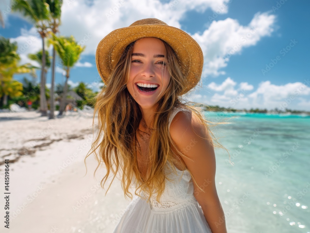 Radiant woman laughing on a tropical beach, embodying carefree joy and summer vacation. Perfect for travel blogs, tourism marketing, and lifestyle advertisements. Radiant woman laughing on a tropical beach, embodying carefree joy and summer vacation. Perfect for travel blogs, tourism marketing, and lifestyle advertisements.