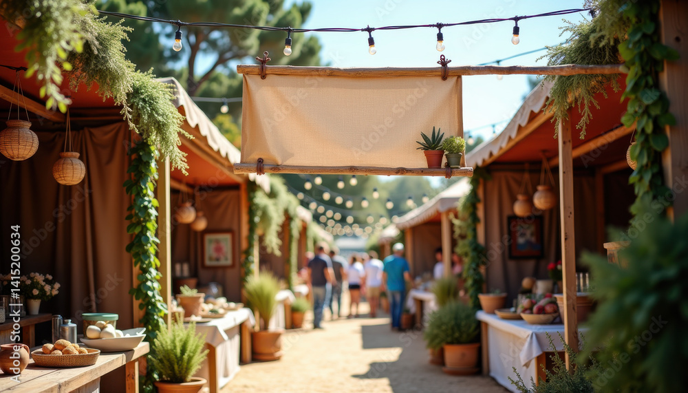 Obraz premium Horizontal banner mockup. Blank event banner for art festival suspended above outdoor vendor path with canvas booths, trees, and warm daylight in artistic street fair