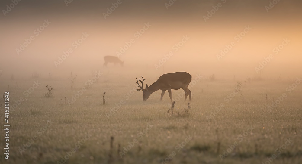 Fototapeta premium Deer Grazing in Misty Field at Sunrise Peaceful Wildlife Scene