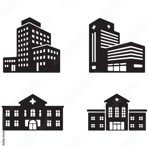 hospital, clinic, hospital building black vector silhouettes