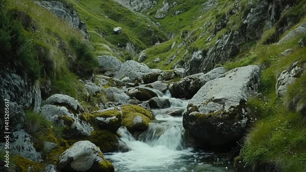 Serene Mountain Stream Flowing Through Verdant Gorge Landscape Scenery Footage Serene Mountain Stream Flowing Through Verdant Gorge Landscape Scenery Footage