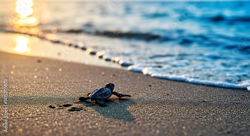 A tiny, determined sea turtle hatchling scrambles across wet sand, instinctively heading towards the shimmering ocean waves under the soft light of dawn. Conservation.